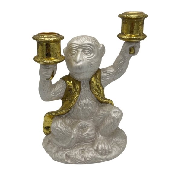 Monkey Candle Holder White Gold Vest Statue Ceramic Chinoiserie Grandmillennial - Picture 1 of 8